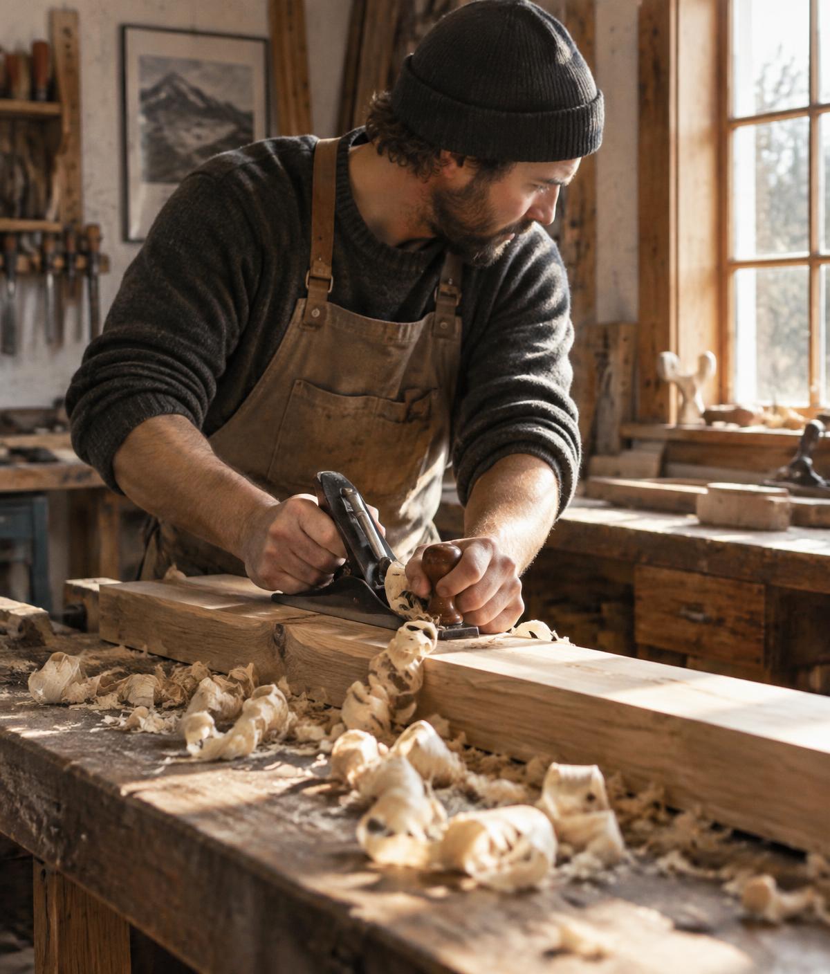 Brett working a length of timber with a hand plane in his workshop