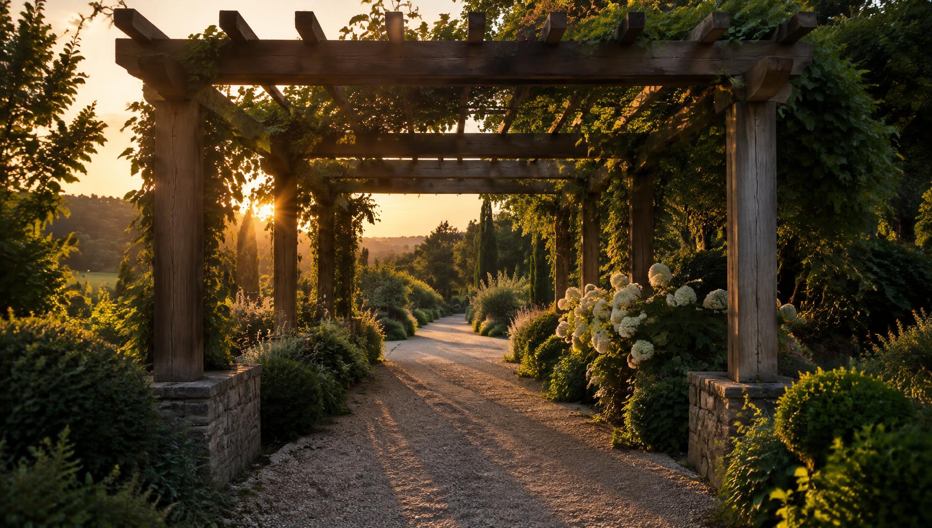 Timber pergola walkway in a country garden at sunset