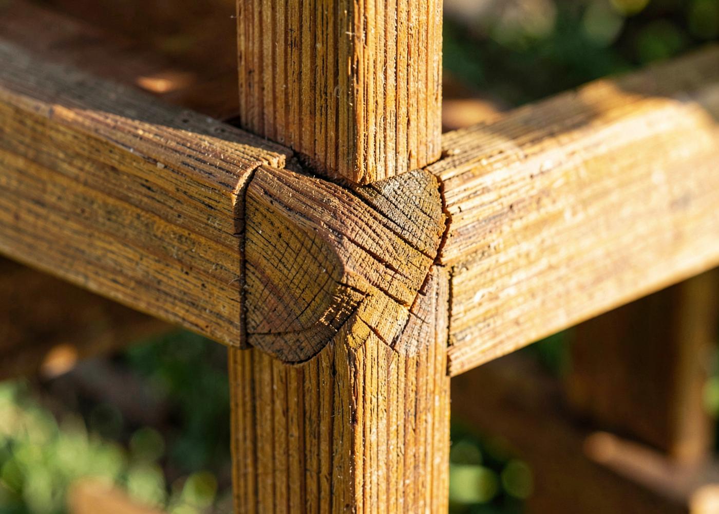 Close-up of a hand-cut timber joint on a garden structure