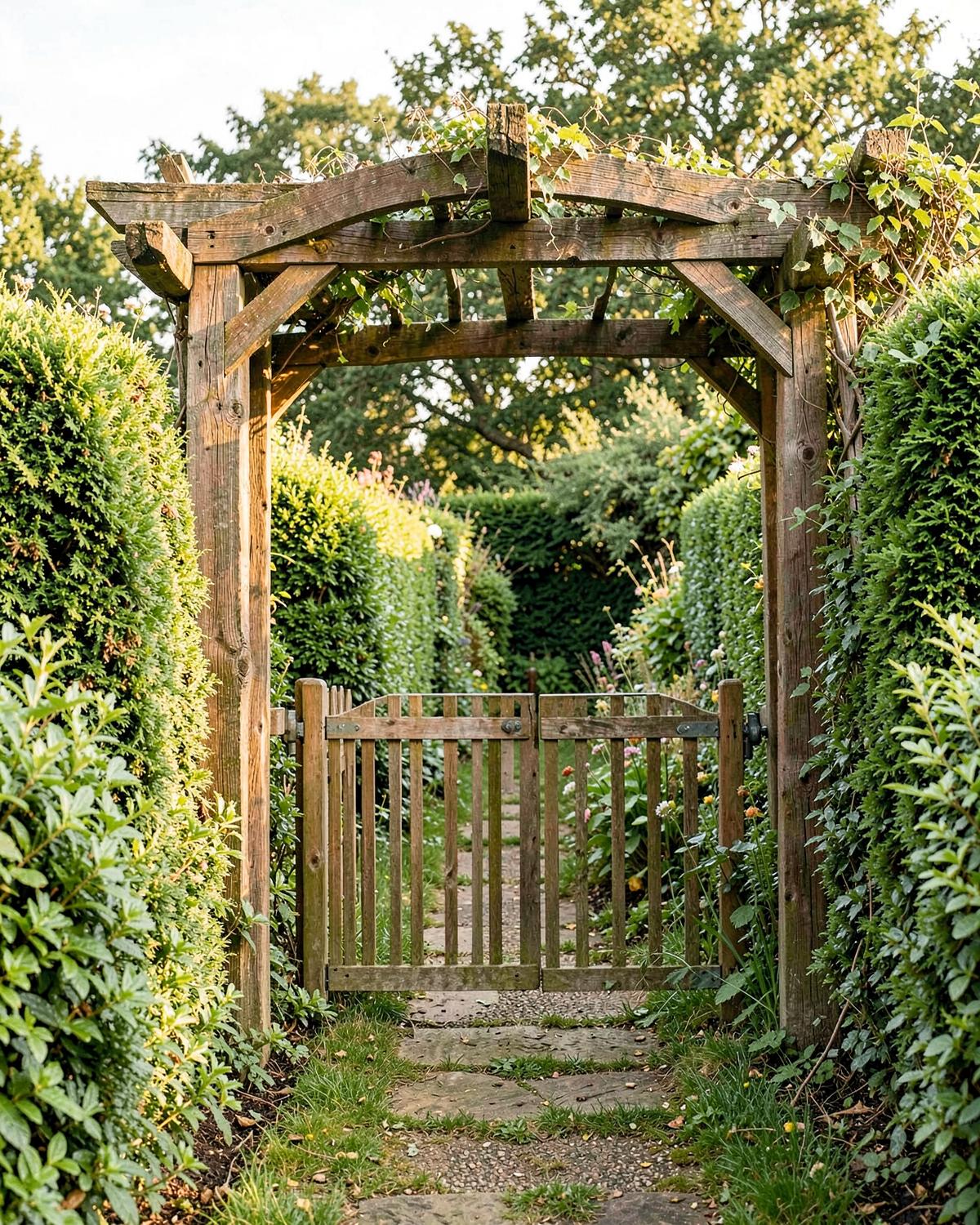 Weathered timber garden arch with a wooden gate between hedges