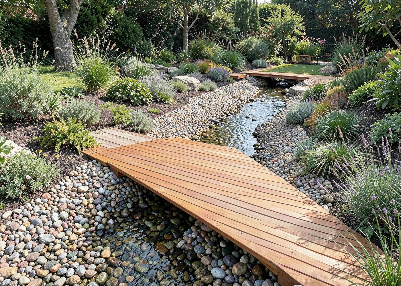 Flat timber garden bridge crossing a pebble stream bed