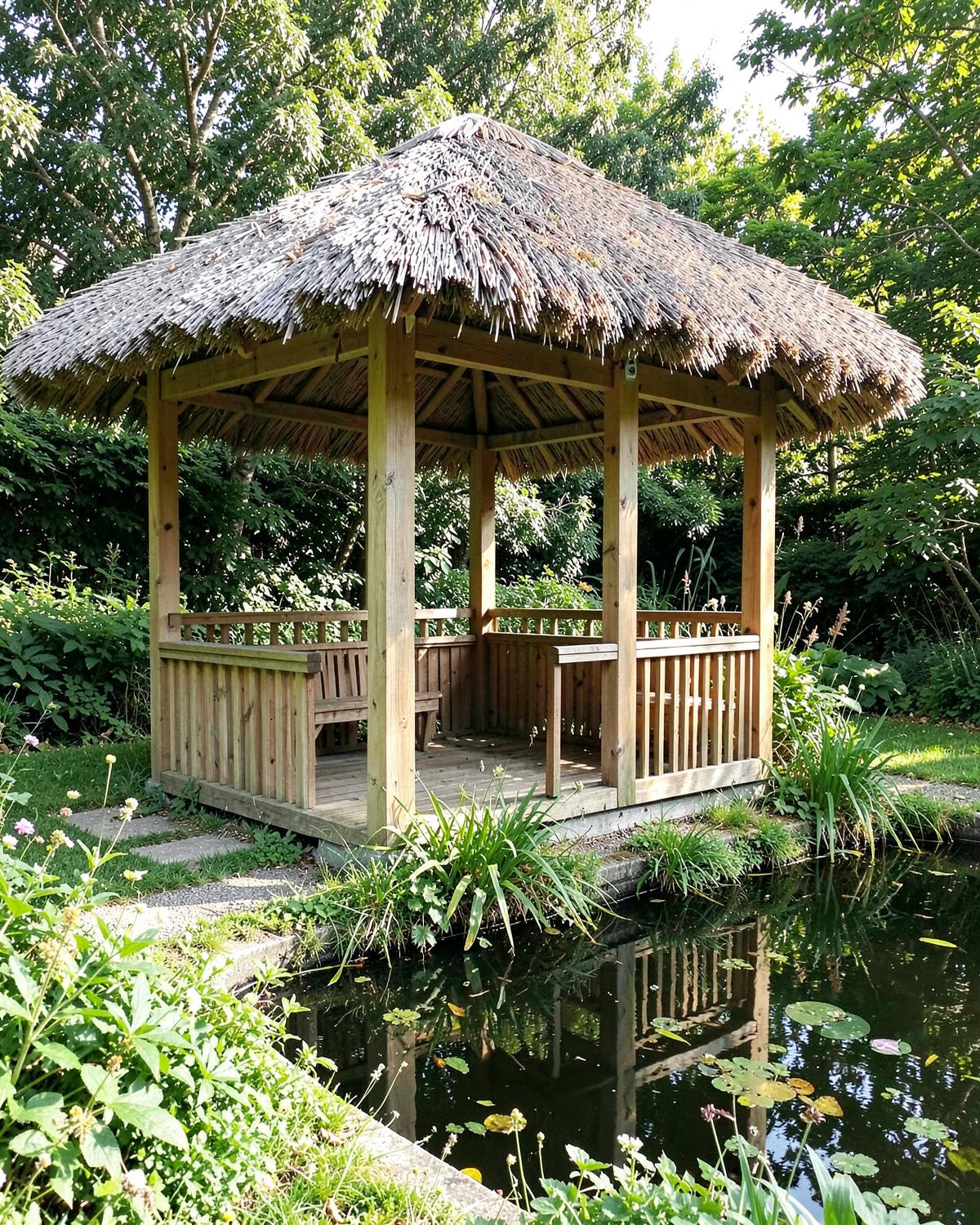 Timber gazebo with a thatched roof beside a garden pond