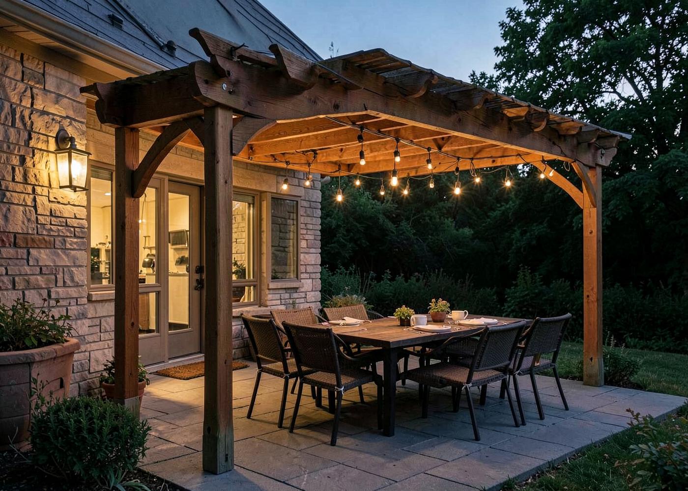 Timber pergola over an outdoor dining table lit with hanging lights