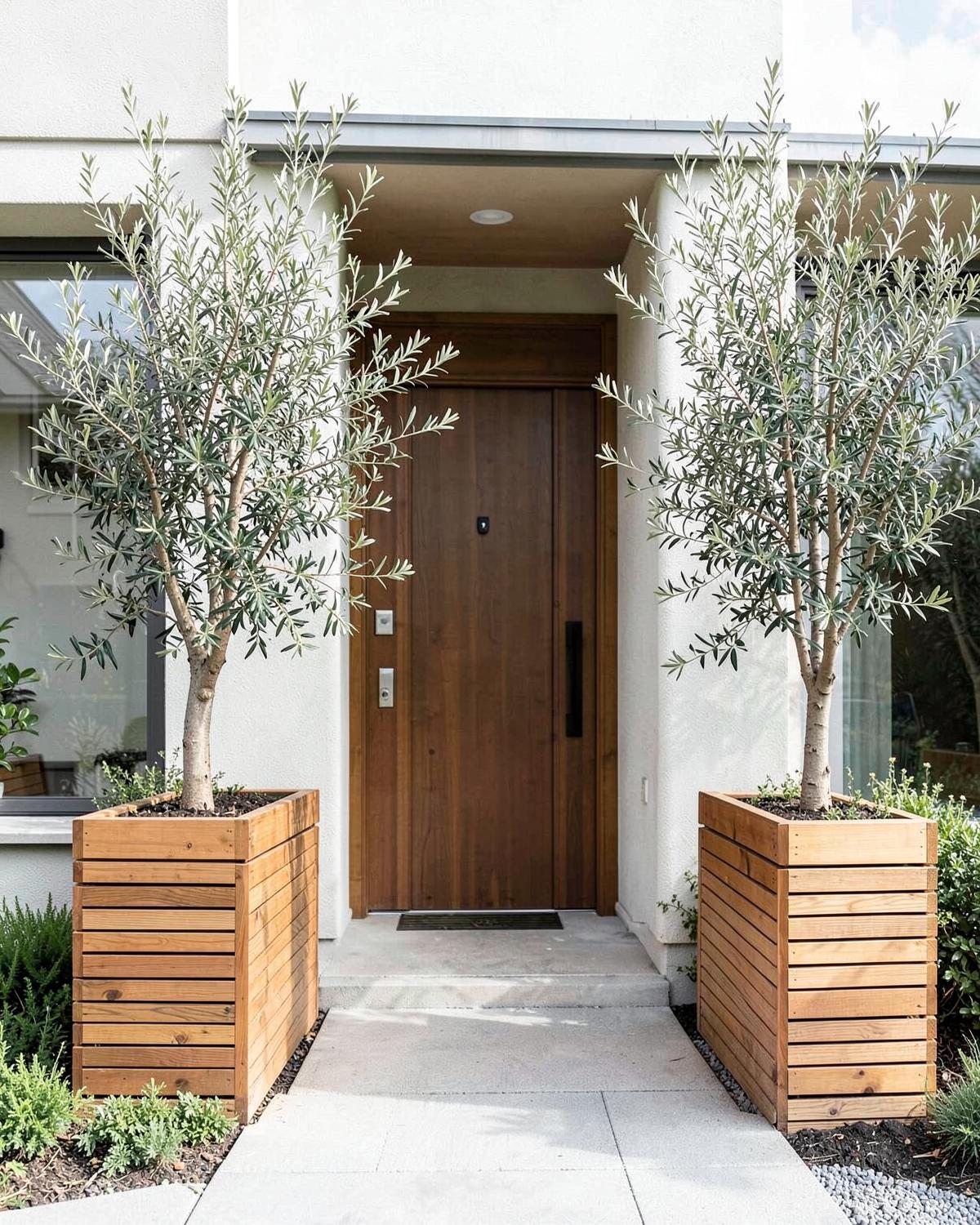Tall slatted timber planters with olive trees at a front entrance