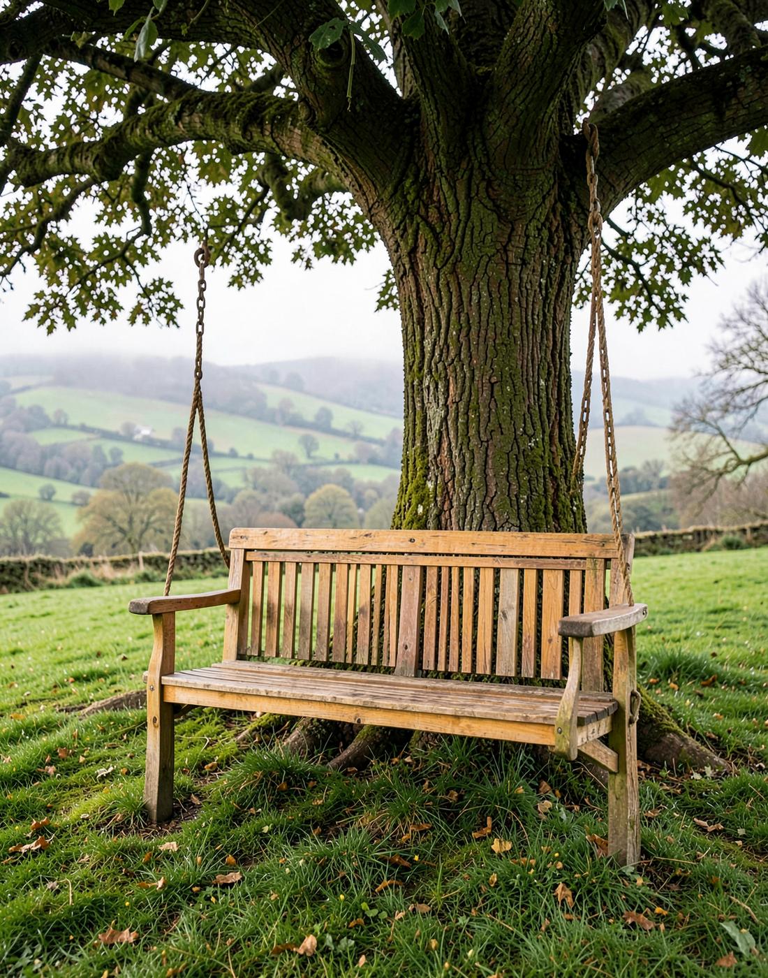 Wooden swing bench hanging beneath a large tree with Midlands hills behind